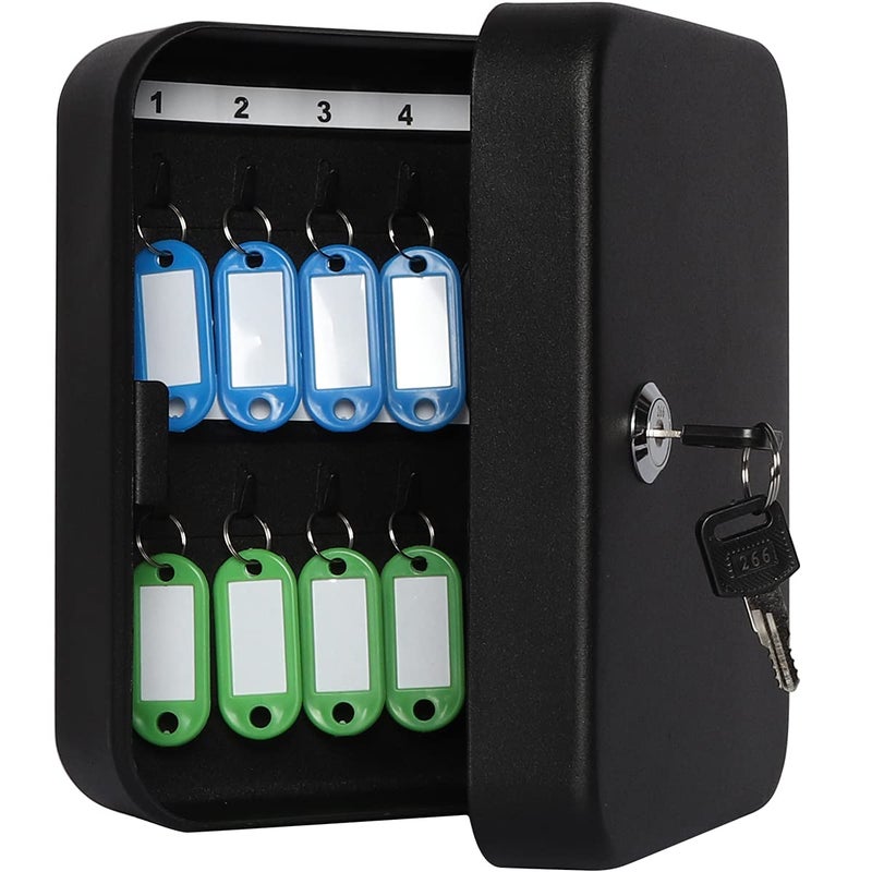 JSSMST Key Lock Box Wall Mount Security Cabinet, 20 Key Hooks & Tags, 7.87 x 6.3 x 2.95 Inches, Black Matt - Image 1